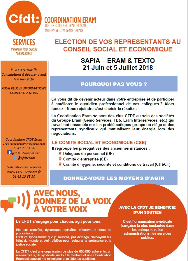 Appel à candidatures CFDT pour l'élection du CSE de la société SAPIA, siège d'Eram et Texto.
